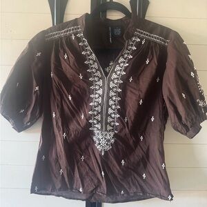Saint Tropez West Brown Embroidered Peasant Blouse